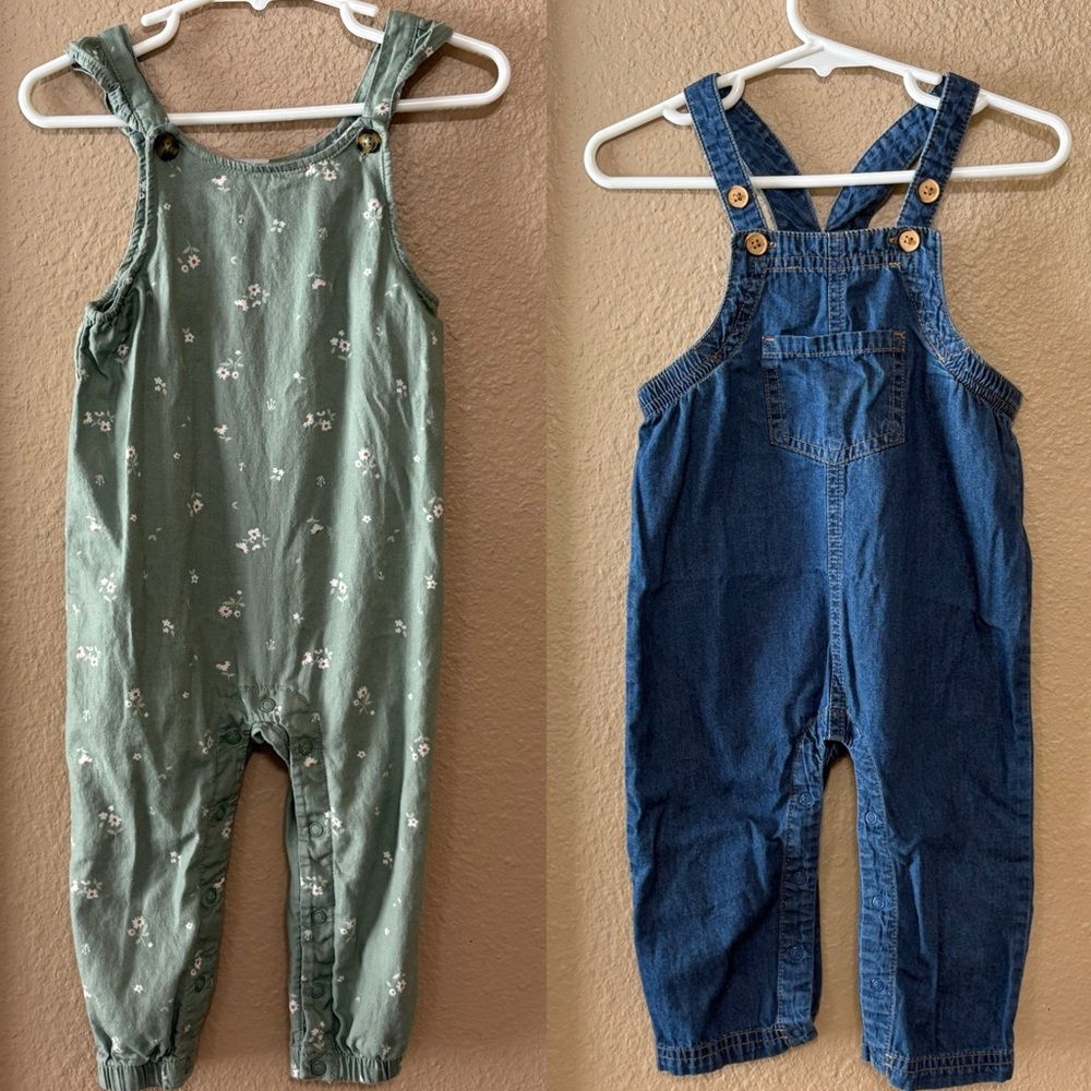 Green Floral and Blue Denim Overalls